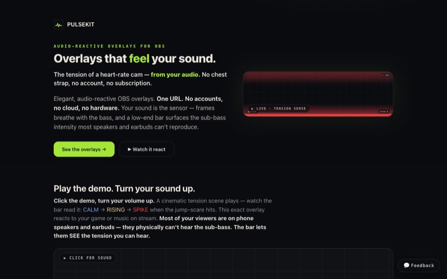 PulseKit — canlı overlay sitesinin önizlemesi